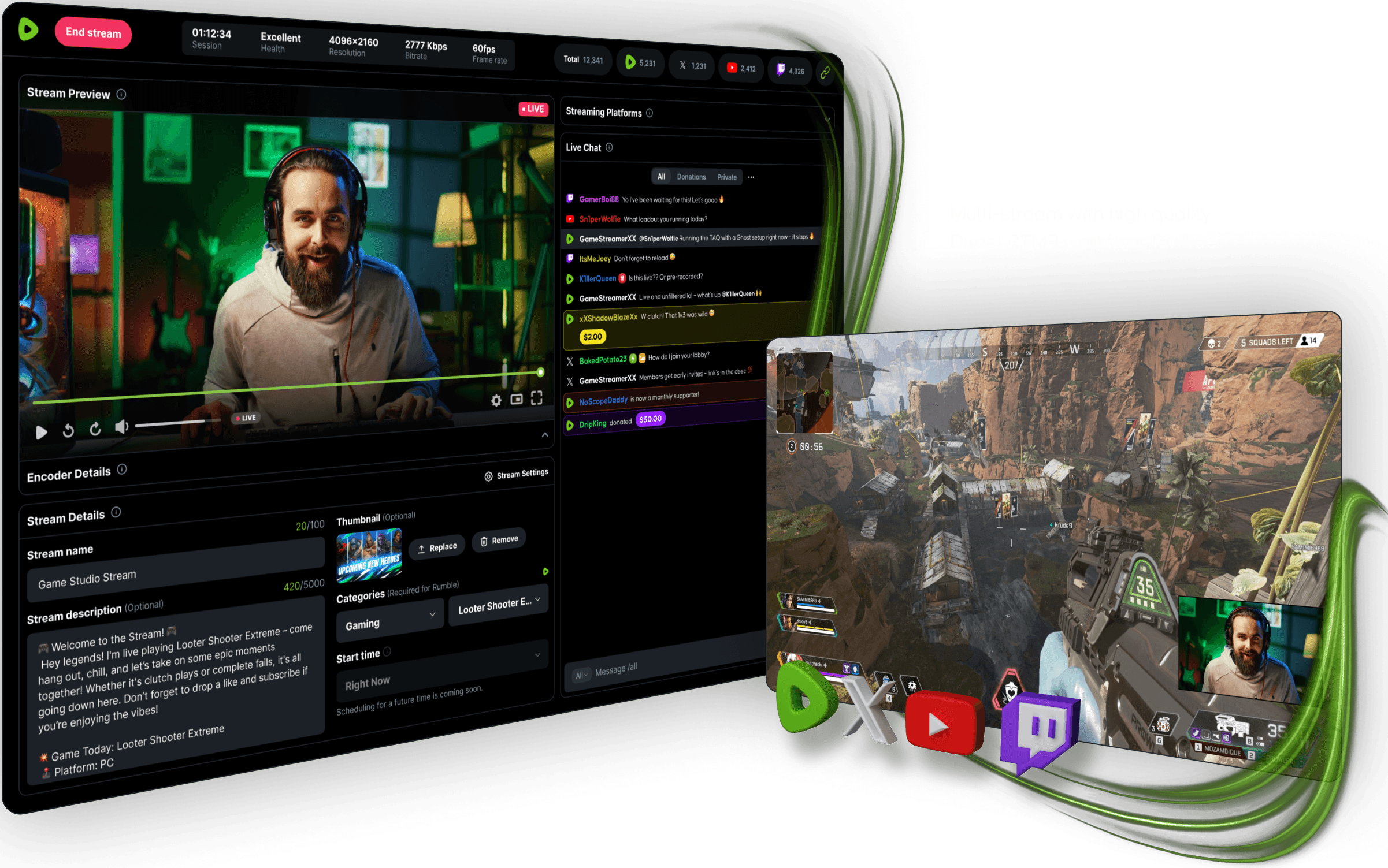 Multi-stream with high quality Direct RTMP workflow, for free. Live streaming interface showing a person in a webcam feed on the left and game footage on the right, with platform icons for YouTube, Twitch, and Rumble below.